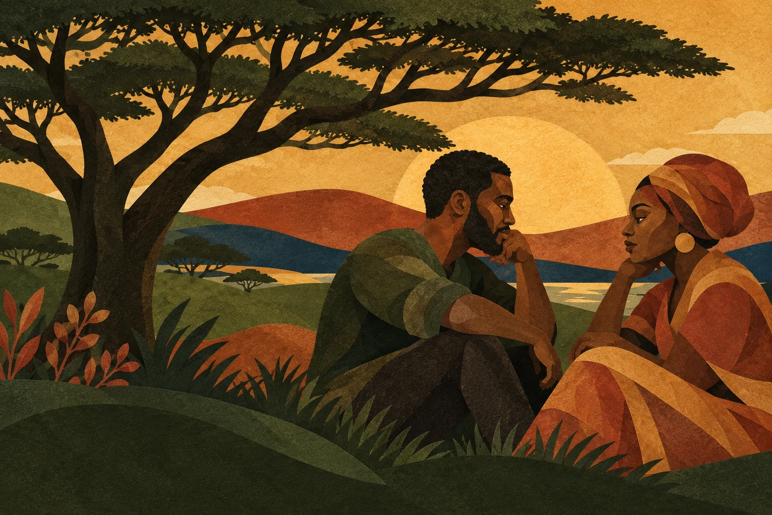 Illustration of a couple sharing a quiet conversation beneath an acacia tree